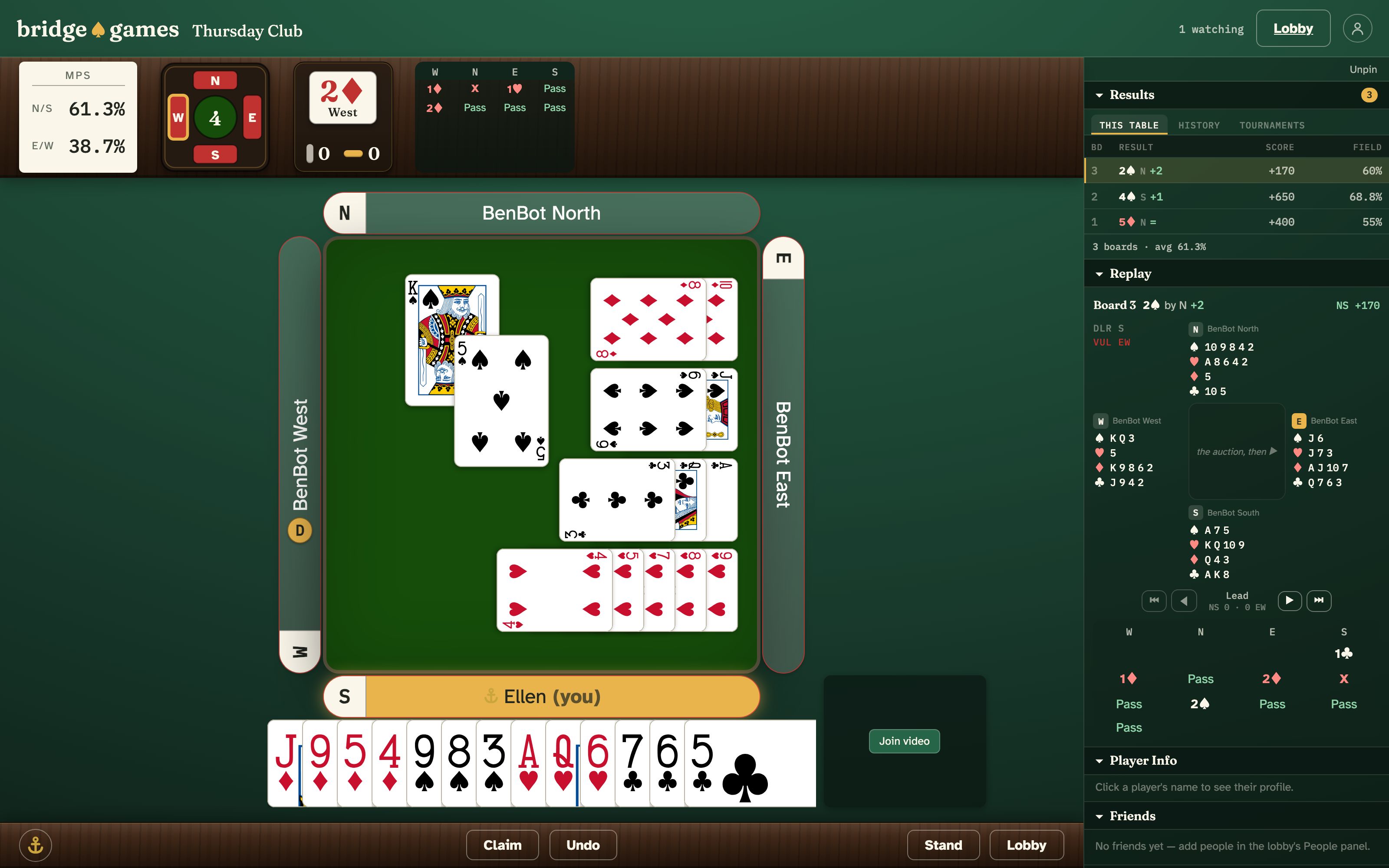 Your seat at a bridge.games table, mid-hand: your cards fanned at the bottom, dummy laid out on the felt, two cards in the trick and it's your play, with three scored boards in the side drawer and one kibitzer watching
