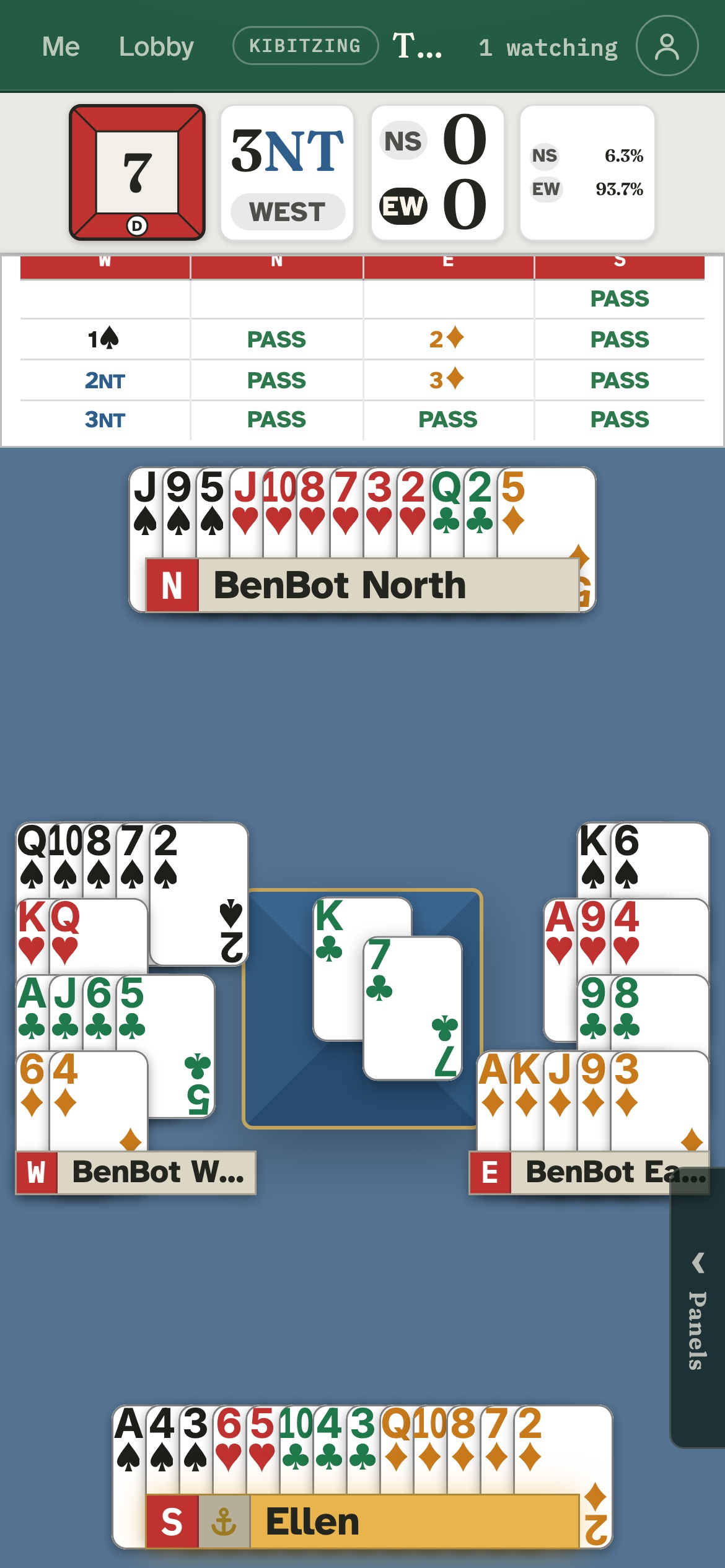 Kibitzing from a phone: the kibitzing badge in the header, all four hands face up around the trick, and the auction and score strip above them
