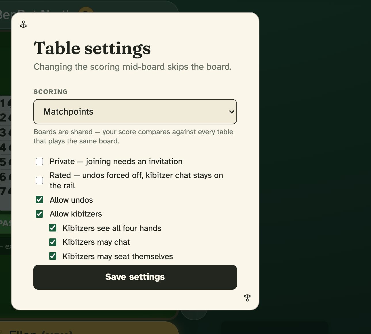 The table settings card: scoring choice, private, rated, allow undos, and kibitzer permissions, with a Save settings button